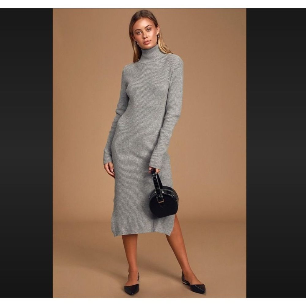 Lulu's Gray Ribbed Turtleneck Midi Dress